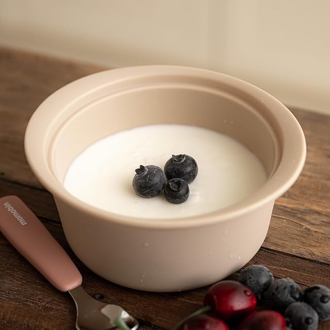Microwave Silicone Steamer for Baby Food, Made In Korea, Oven & Dishwasher Safe to 482Β°F, Easy Clean, Microwave Pot with Handle & Lid, 100% Food Grade Steamer Bowl (Creme Brulee, 550ml + 800ml set)
