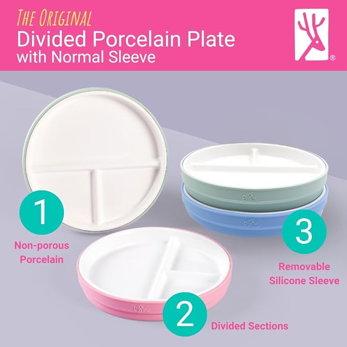 Elk and Friends Kids 7.8” Porcelain White Plates with Silicone Sleeves | Divided Plates | Suitable for Kids/Toddlers | Microwave & Dishwasher Safe | Non Slip | Snack Dishes