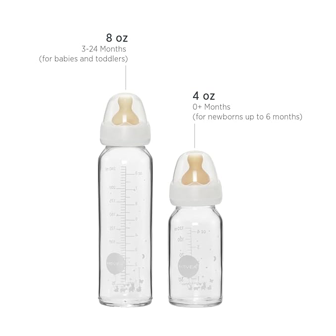 HEVEA Standard Neck Glass Baby Bottles - Natural Rubber Slow Flow Nipples - Anti Colic Baby Bottles for Breastfeeding Babies - Newborn 0+ Months - BPA-Free, Two-Pack (4 Oz)