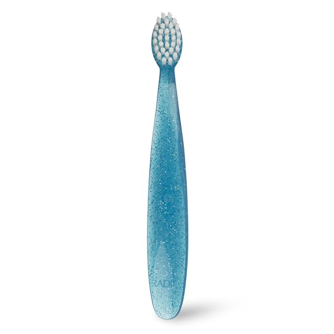 RADIUS Toddler Toothbrush and Toothpaste Bundle for Kids, 2 Pack Totz Extra Soft Brush in Blue and Green Sparkle and 1 Count Dragon Fruit Toothpaste, for Children 18 Months and Up