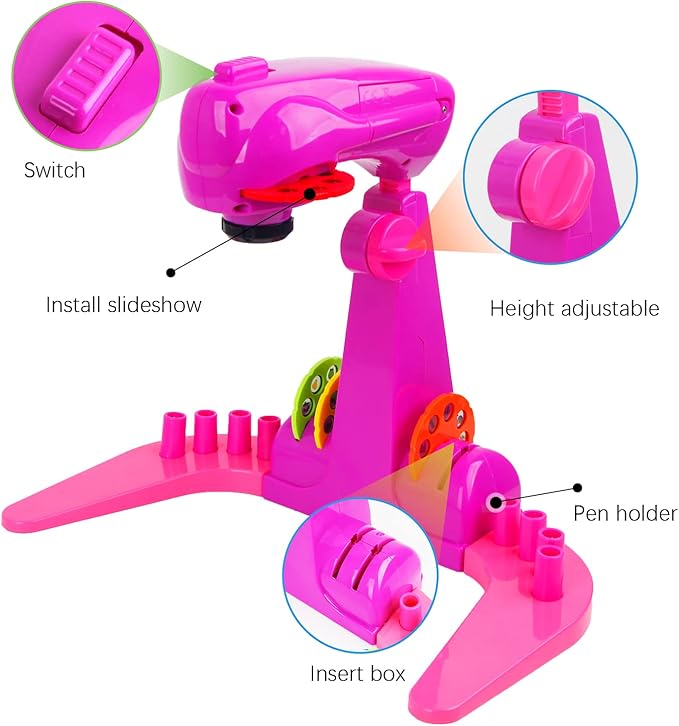 Kids Projection Drawing Toy,Smart Drawing Projector Toys,Trace and Draw Projector for Kids,with 32cartoon patters and 12color Brushes, Kid Learn to Draw and Sketcher (Pink)