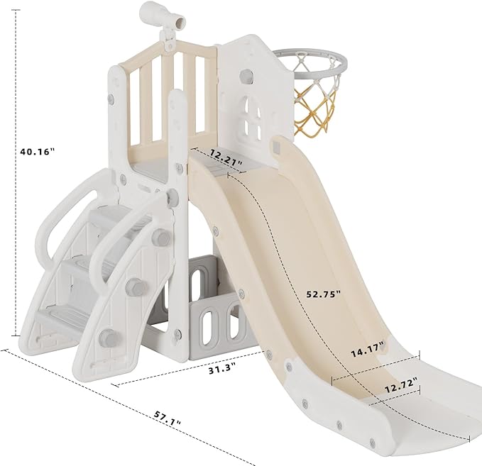 XJD 5 in 1 Toddler Slide, Kids Slide for Toddlers Age 1-3, Outdoor Indoor Playset for Toddlers with Basketball Hoop and Ball, Storage Space and Non-Slip Steps Telescope (Beige)