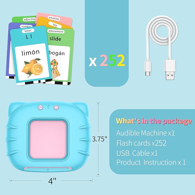 Spanish English Bilingual Learning Toys, Educational ABC Talking Flash Cards with 520 Sight Words, Autism Sensory Toys, Toddler Toys for 2 3 4 5 6 Year Old, Easter/Xmas/Birthday Gift, Blue