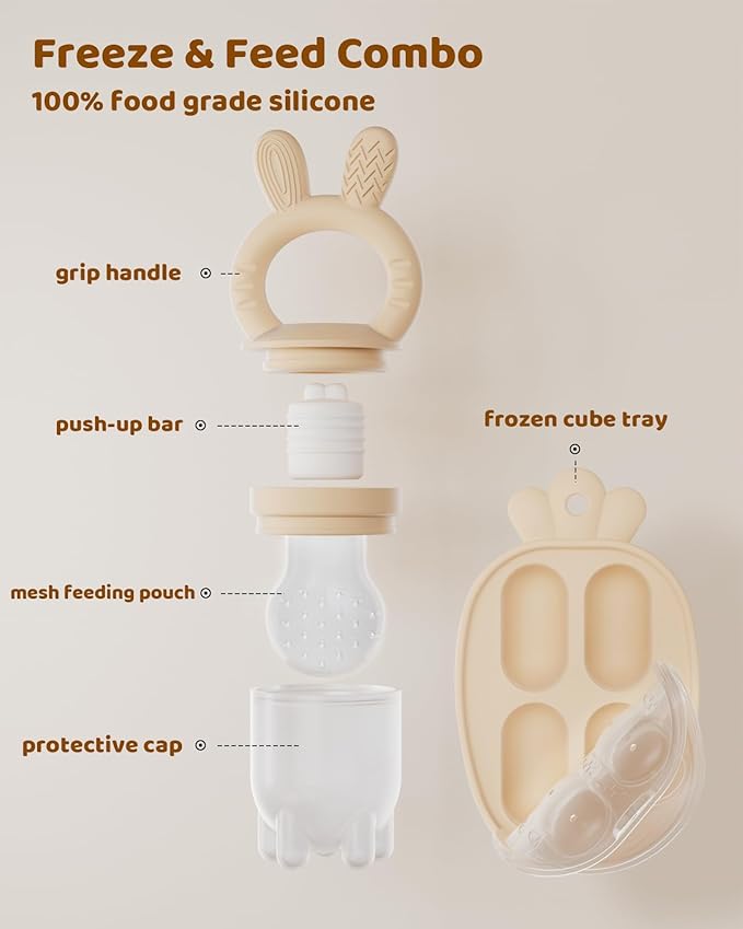 2 Packs Baby Fruit Feeder & Freezer Nibble Tray Combo, Push Pop Baby Food Feeder to Safely Introduce New Foods, Fresh & Frozen Food Silicone Feeder, 100% Food Grade, BPA Free (Caramel & Olive)