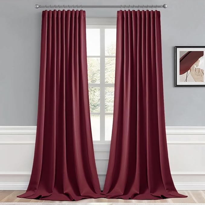 MIULEE Wine Red Back Tab Blackout Curtains 102 Inch Long 2 Panels Set for Bedroom, Rod Pocket/Pinch Pleated Thermal Insulated Living Room Darkening Light Blocking Floor to Ceiling Drapes