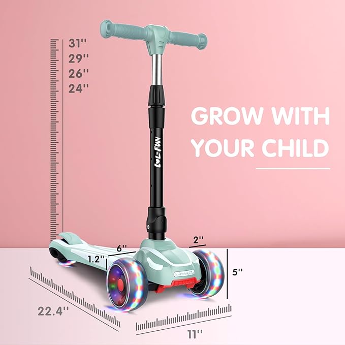 LOL-FUN Toddler Scooter for Kids Ages 3-12 Years Old Boy Girl with 3 Wheel LED Lights, Extra-Wide Childrens Foldable Kick Scooter Kids Ages 3-5 with 4 Adjustable Height and Lean-to-Steer