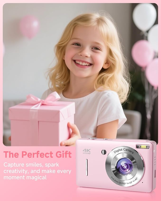 Digital Camera, 44MP FHD 1080P, 16X Zoom, 32GB SD Card, Compact Camera for Kids Teens Adults, Pink