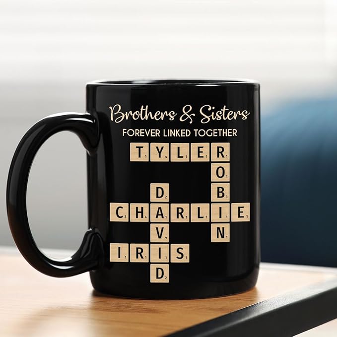 Family Puzzle Mug - Brothers & Sisters Forever Linked Together - Personalized For Family, Sister, Brother, Siblings - Scrabble Coffee Mug - Gifts For Christmas, Birthday, Anniversary