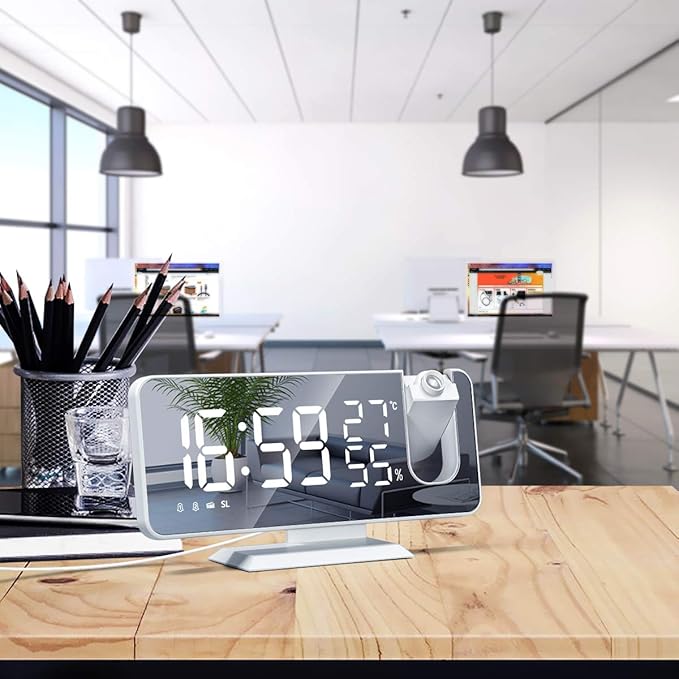 Projection Digital Alarm Clock for Bedrooms, Clock Radio on Ceiling, USB Charger Port, Temperature & Humidity Display, 7.3” Large Mirror LED Display,12/24H,Snooze,Dual Loud Alarm Clock- 4 Dimmer