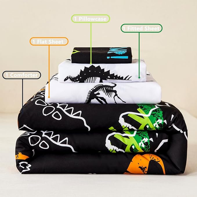 PERFEMET Twin Kids Bedding Sets 4-Piece Cartoon Dinosaur Boys Comforter with Sheets Ultra Soft Reversible Colorful Animal Children Bed in a Bag Set(Dinosaur, Twin)