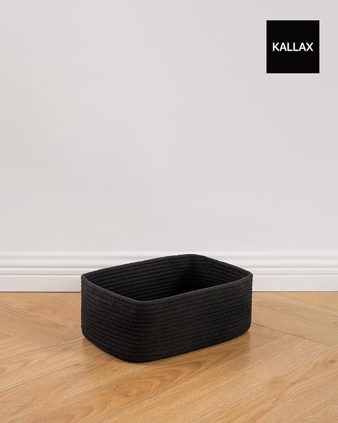 KALLAX Small Woven Basket, 13.5 x 9.5 x 5 Inches, Storage Basket for Organizing, Cute Small Rope Shelf Closet Cube Storage Bins Baskets for Shelves, Dog Toy Gift Baskets Empty, 3 Packs, Black