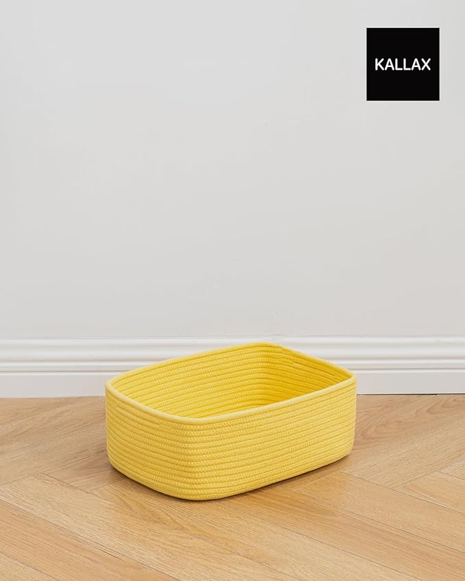 KALLAX Small Woven Basket, 13.5 x 9.5 x 5 Inches, Storage Basket for Organizing, Cute Small Rope Shelf Closet Cube Storage Bins Baskets for Shelves, Dog Toy Gift Baskets Empty, 3 Pack Yellow