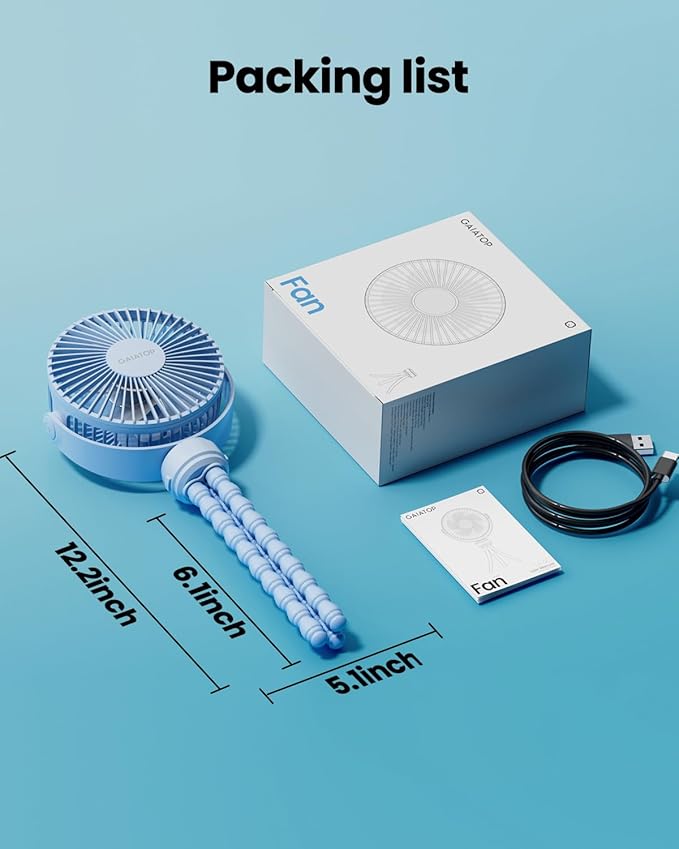 Gaiatop Mini Portable Stroller Fan, Battery Operated Small Clip on, Detachable 3 Speed Rechargeable, 360° Rotate Flexible Tripod Better Cooling for Car Seat Crib Treadmill Travel Blue