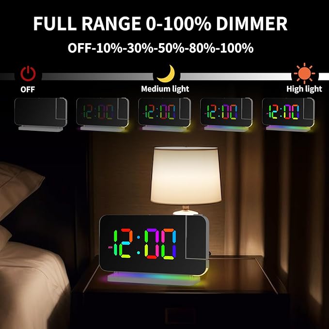 Projection Alarm Clock for Bedroom Ceiling,RGB Digital Clocks with 10 Colors RGB Night Light,Loud Alarm Clock for Heavy Sleepers,USB C Charger Port,Snooze,12/24H,Auto Dimming