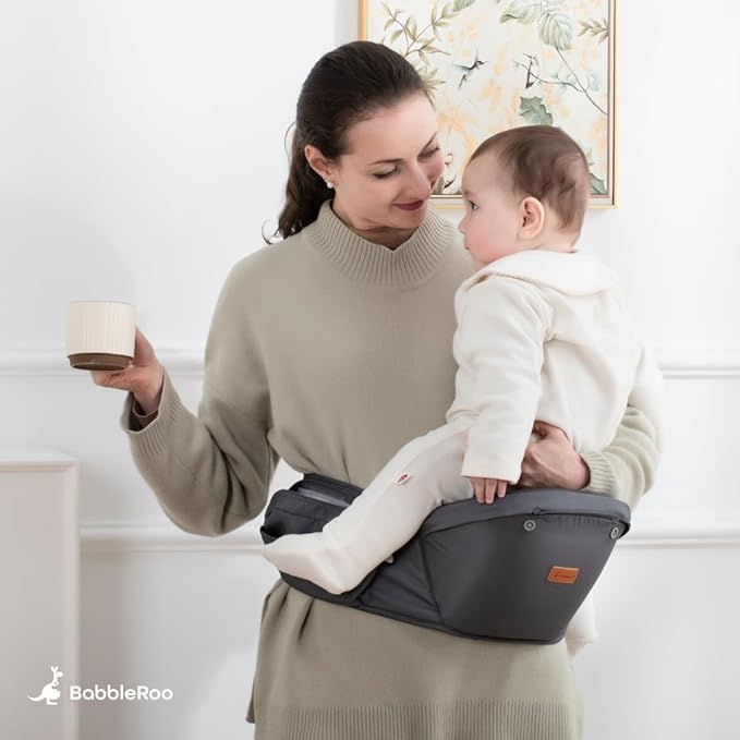 BabbleRoo Grow Carrier – Safety-Certified 6-in-1 Baby Carrier with Hip Seat, Ergonomic & Adjustable Toddler Carrier 7-50 lbs with Hip Support, Hood for Sun Protection, Newborn to Toddler, Gray