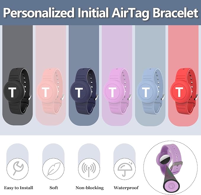 Waterproof Bracelet for AirTag Kids, Personalized Initial Letter Hidden Holder Compatible with Air Tag, Silicone Case for Airtag Adjustable Anti-Lost GPS Tracker for Toddler Child Elder, T