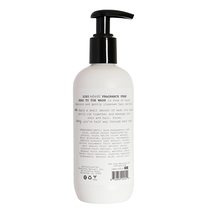 Zoey Naturals Fragrance-Free Head to Toe Baby & Toddler Wash – Tear-Free Body Wash and Shampoo with Gentle pH for Sensitive Skin – 9.65 oz