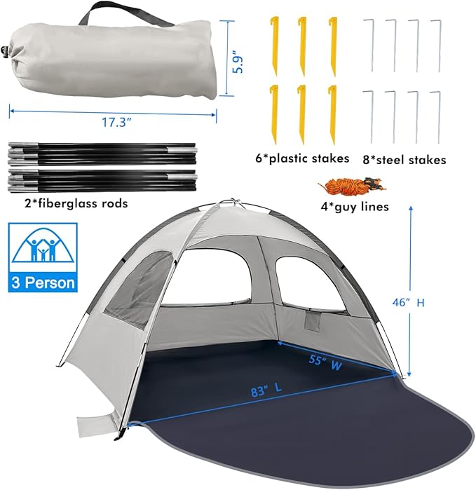WhiteFang Beach Tent Anti-UV Portable Sun Shade Shelter for 3/4/6/8 Person, Extendable Floor with 3 Ventilating Mesh Windows Plus Carrying Bag, Stakes and Guy Lines