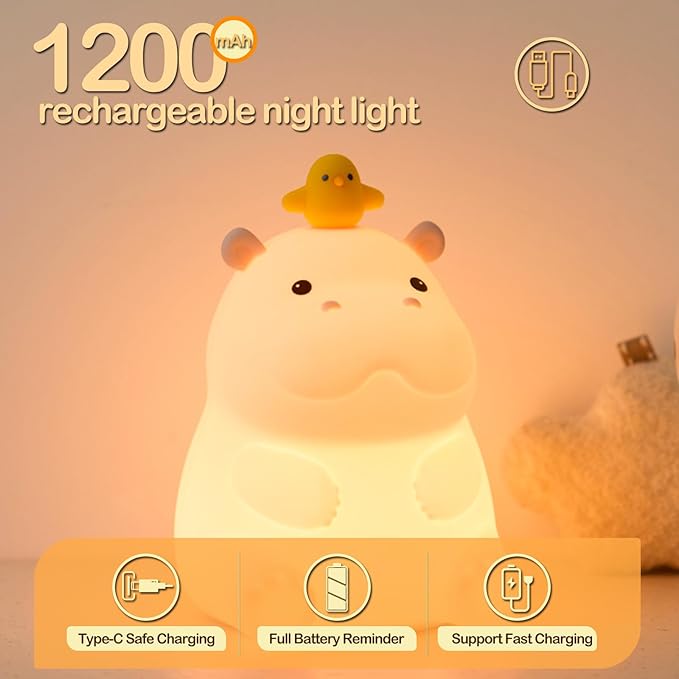 ATSUI Hippo Night Light, LED Squishy Novelty Animal Lamp, Food Grade Silicone, 2 Level Dimmable, Nursery Nightlight for Desk Decor, Funny Gifts Stuff for Boys Girls Baby, White Elephant Gifts