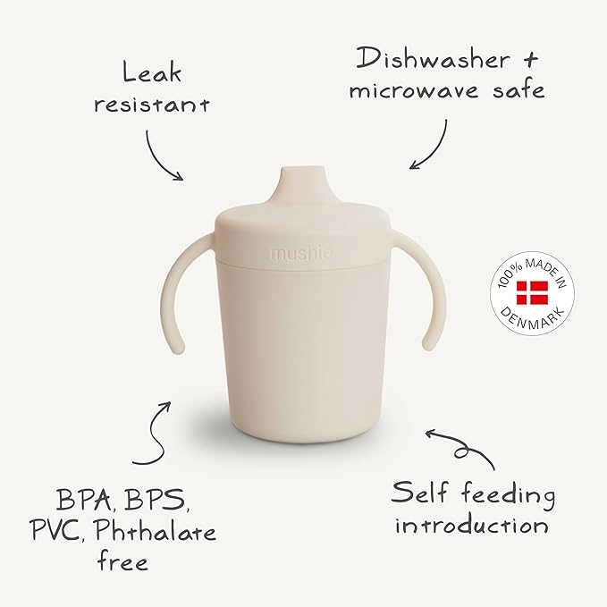 mushie Trainer Sippy Cup | Made in Denmark | Leak Resistant Twist-Off Lid & Handles | 6 Months + (Cloud)