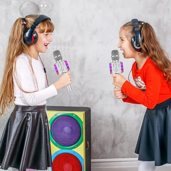 Amazmic Kids Karaoke Microphone Machine Toy Bluetooth Microphone Portable Wireless Karaoke Machine Handheld with LED Lights, Gift for Children Adults Birthday Party, Home KTV(Silver)