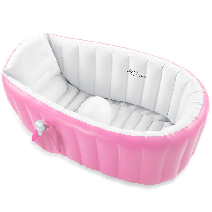 Inflatable Baby Bathtub, Portable Infant Toddler Bathing Tub Non Slip Travel Bathtub Mini Air Swimming Pool Kids Thick Foldable Shower Basin with Air Pump, Pink