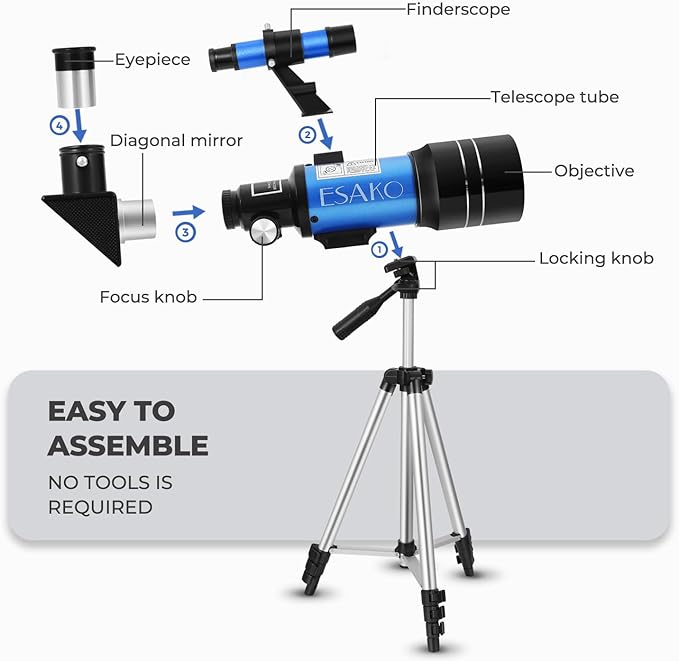 ESAKO Telescope for Kids & Beginners, 70mm Aperture Portable Telescopes with 3 Eyepieces, Height Adjustable Tripod & Phone Adapter & Remote Control