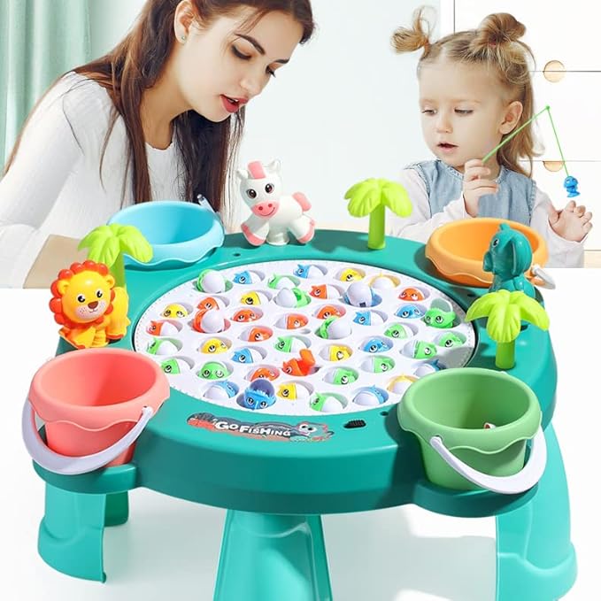 Fishing Game Toy Set, Kids Play Table w/Rotating Board, 45 Fishes & 4 Fishing Poles, Gifts for Children, Boys & Girls Aged 3 4 5 6+ (Upgraded Ver.)
