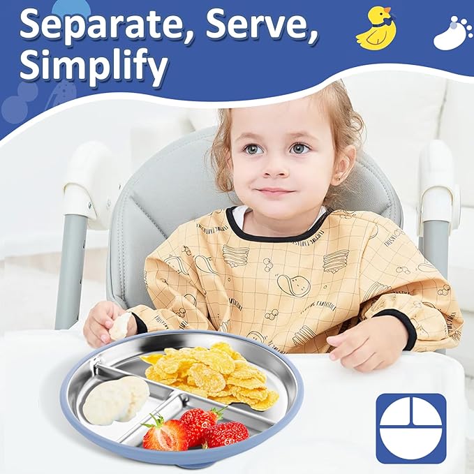 Stainless Steel Suction Plates for Toddlers, 9" Divided Kids Baby Plates with Removable Silicone Suction, Non Toxic Non Slip Portion Control Snack Dishes 4 Packs, Blue Green Gray Pink