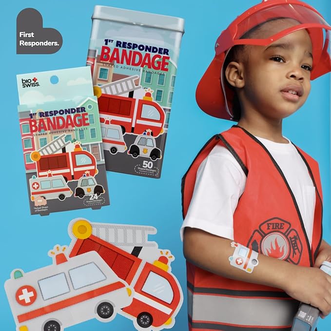 BioSwiss Bandages, First Responders Shaped Self Adhesive Bandage, Latex Free Sterile Wound Care, Fun First Aid Kit Supplies for Kids and Adults, 50 Count