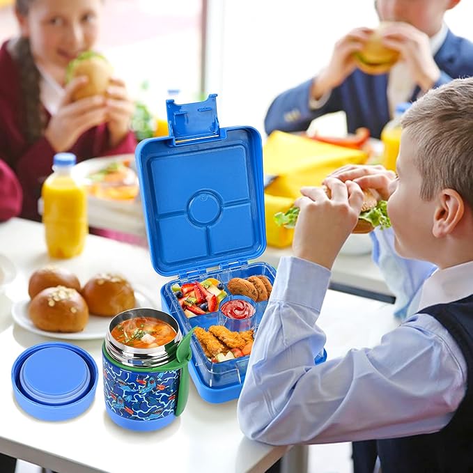 Bento Lunch Box Set With 10oz Soup Thermo, Leak-proof Lunch Containers with 4 Compartment, Kids Hot Thermo Food Jar/Insulation Lunch Bag, Food Containers for School(Shark)