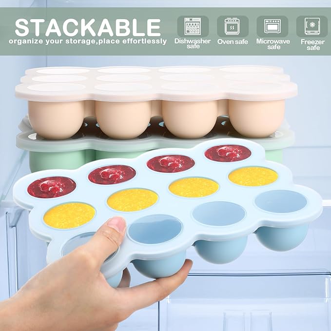 3 Pcs Baby Food Storage Container 12 Cup Silicone Baby Food Freezer Tray with Lid Stackable Reusable Silicone Freezer Tray for Food Vegetable Fruit Puree and Breast Milk(Colorful)