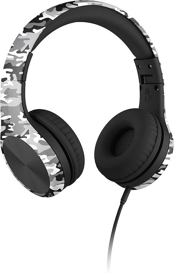 LilGadgets Connect+ Pro Wired Kids Headphones for School w/Microphone, Volume Limiting Noise Reducing Over-Ear Headset w/Cord, SharePort Technology & SoftTouch Padding, Snow Camo Headphones for Kids