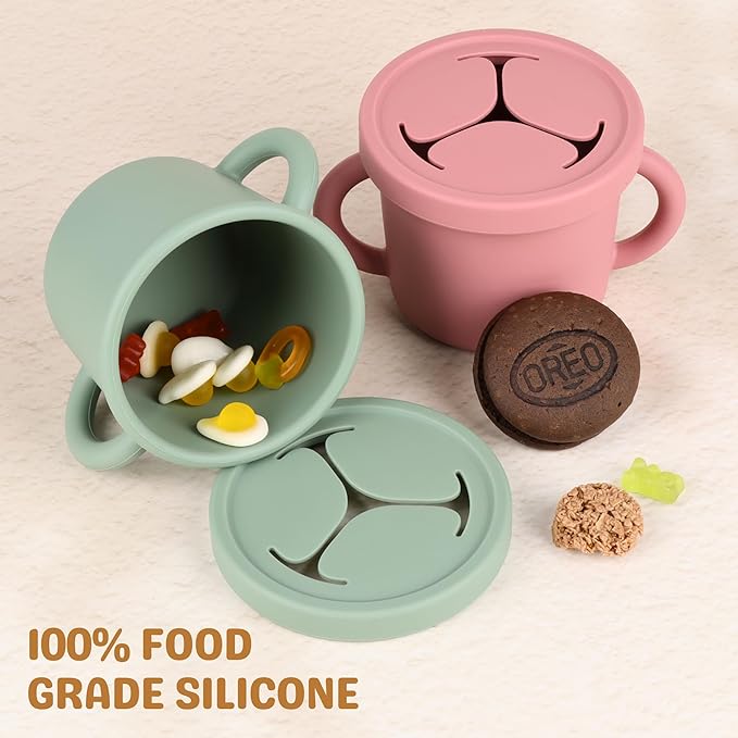 Snack Containers for Toddlers, Kids - 2 Pack Food Grade Silicone Snack Cups with Grip Handle (Sand/Natural)