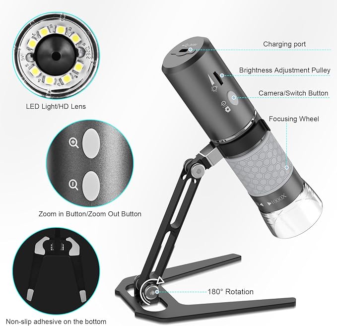 4K 3840x2160p WiFi Digital Microscope for iPhone Android Phone and Windows Mac PC, Wireless Handheld Microscope Camera, Portable Microscope with Metal Stand for Adults and Kids