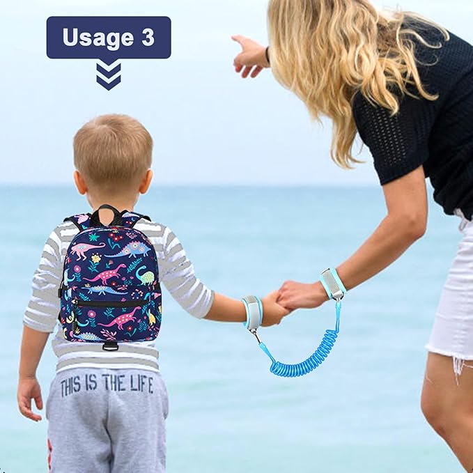 Accmor Toddler Backpack Leash with Anti Lost Wrist Link, Cute Mini Child Walking Harnesses Keep Kids Close Back Pack Rope Tether Rein for Baby Boys (Navy Blue/Dinosaur)