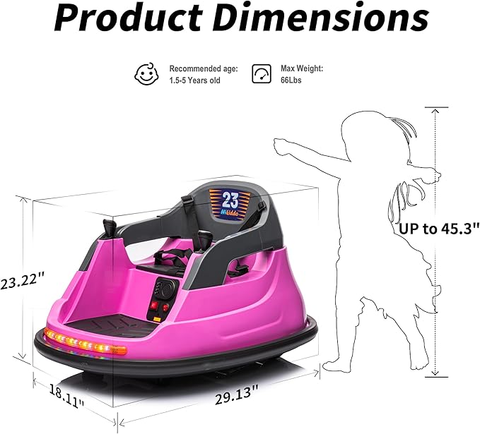 Baby Bumper Car, 6V Electric Kids Bumper Car for Toddlers with Remote Control, Bluetooth - Hot Pink