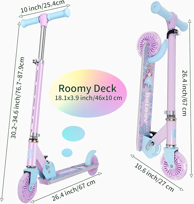 BELEEV V2 Scooters for Kids with Light-Up Wheels & Stem & Deck, 2 Wheel Folding Scooter for Girls Boys, 3 Adjustable Height, Non-Slip Pattern Deck, Lightweight Kick Scooter for Children Ages 3-12