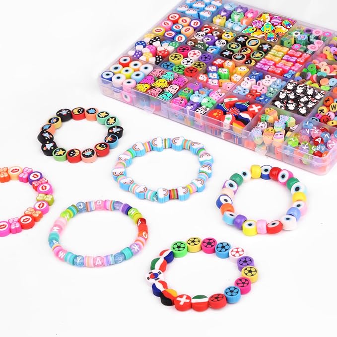 1000PCS Polymer Clay Beads Bracelet Making kit, 24 Style Cute Fun Beads Flower Animal Rainbow Eye Charms for Jewelry Necklace Earring Making DIY Accessories for Women Girls