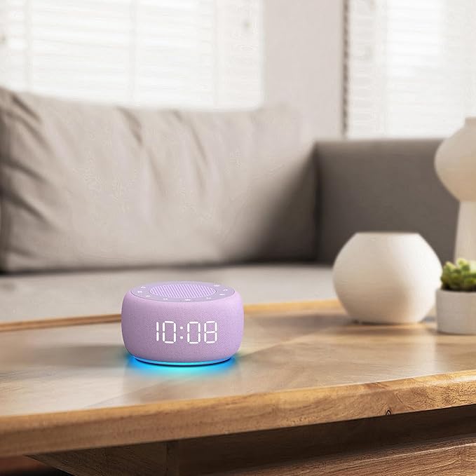 Buffbee Sound Machine & Alarm Clock 2-in-1, 0-100% Clock Face Brightness, Bottom Colored Light, Sleep Timer, Precise 30-Level Volume White Noise Machine, Digital Alarm Clocks for Bedrooms - Purple
