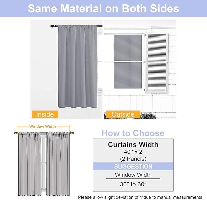 Simplebrand Ava Silver Grey Short Blackout Curtains for Bedroom 45 Inches Long 2 Panels, Solid Thermal Insulated, Energy Saving Window Treatment Curtains Blackout Drapes, W40 x L45 Inch, Silver Grey