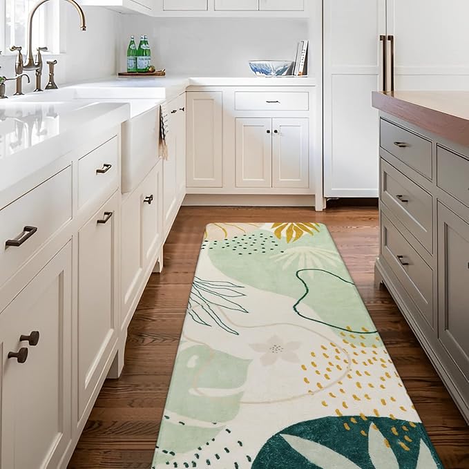 Lahome Green Hallway Runner - 2x6 Washable Kitchen Rug Boho Non-Slip Low-Pile Laundry Room Rug Soft Bathroom Runner Botanical Print Throw Carpet for Entrance Bedroom Living Room