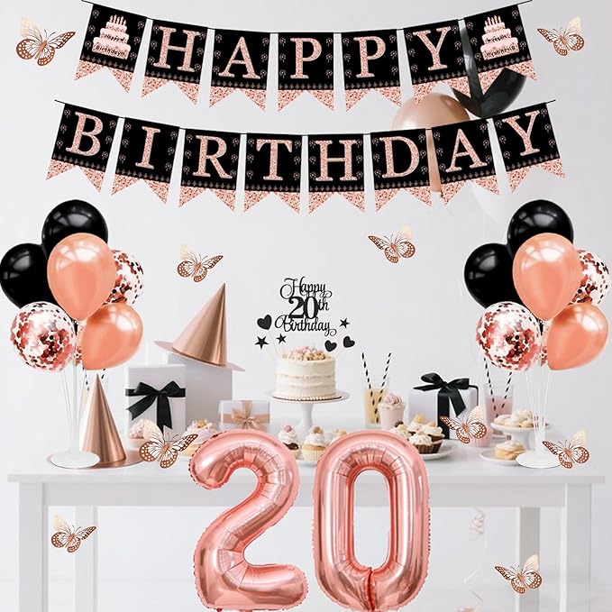 20th Birthday Decorations for Girls Women - 56pcs Rose Gold Happy 20th Banner, 20th Birthday Crown Sash, Cake Topper, Number 20 balloons, 3D Butterflies, 4 Balloon Stands kits