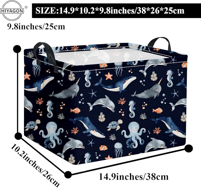 HIYAGON Rectangular Ocean Basket Kids Baby Storage Bin Toy Organizer Box for Boys Under the Sea Nursery Decor(Ocean)