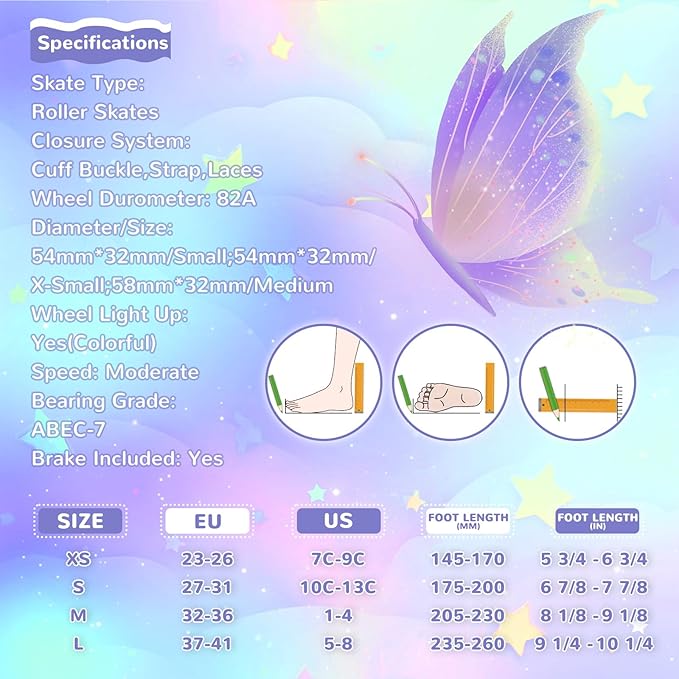 Nattork Kids Roller Skates for Girls Boys Kids, 4 Sizes Adjustable Quad Skates Butterfly and Flower with All Light up Wheels - Birthday Gift for Indoor Outdoor Sports