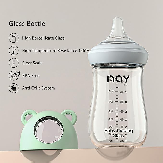 Natural Glass Baby Bottle for Breastfeeding Babies, 8oz Anti-Colic Baby Bottle with Natural Response Nipple(M), Clear, Wide Neck, 4 Pack, 3 Months+