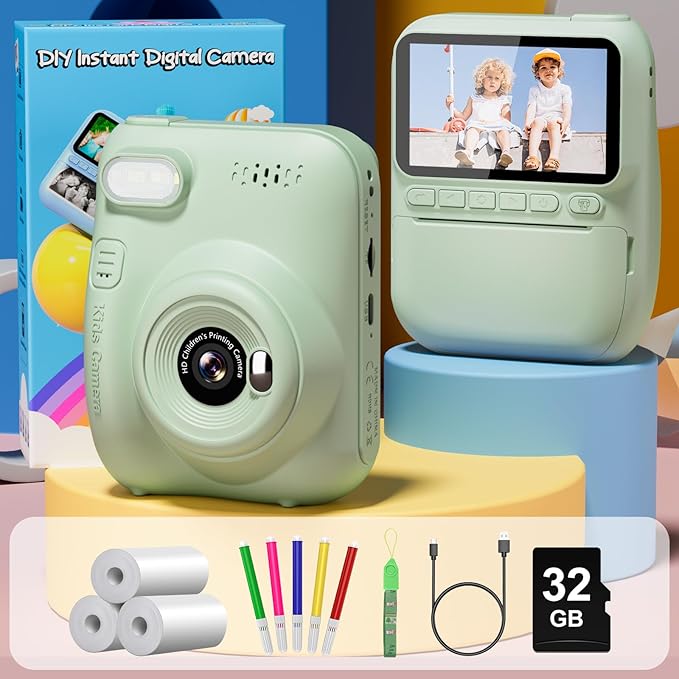 Kids Camera Instant Print, 3.0" HD 32MP 1080P Toddler Digital Camera with 3 Rolls of Printer Paper, Birthday Gifts Toy for 3-12 Year Old Girls Boys with 32GB SD Card-Green