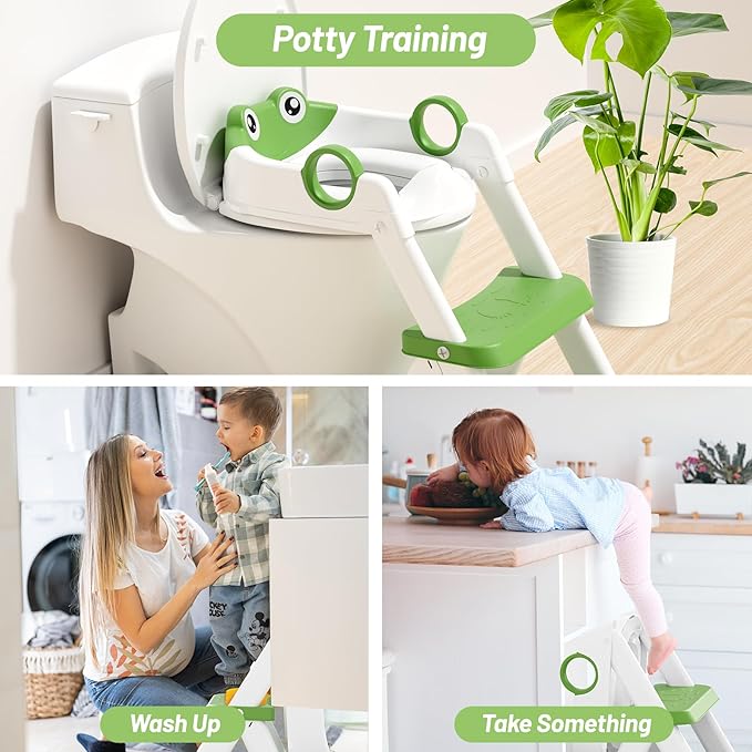 Frog Potty Training Seat, Upgrade Toddler Toilet Seat for Kids Boys Girls, 2 in 1 Potty Training Toilet for Kids, Splash Guard Anti-Slip Pad Step Stool