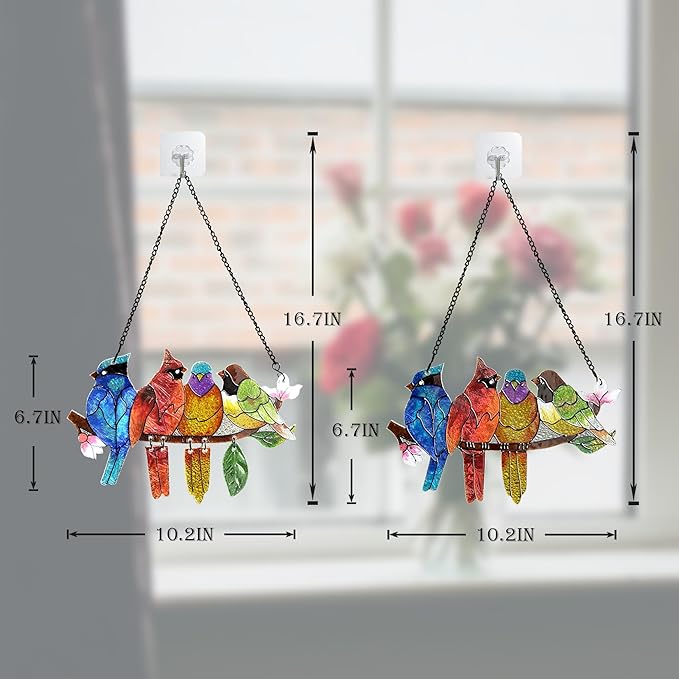 2 Pack Stained Glass Window Hanging - Hummingbird Decorations Suncatcher Hand-Painted Double Sided Birds on A Branch Sun Catcher for Window Home Decor Gifts for Mom,Bird Lovers