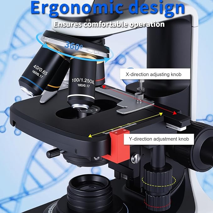 40X-2500X Binocular Microscope, WF10x and WF25x Eyepieces, LED Illumination, with Specimen Handpiece Holder, for Beginners, Microscope for Adults